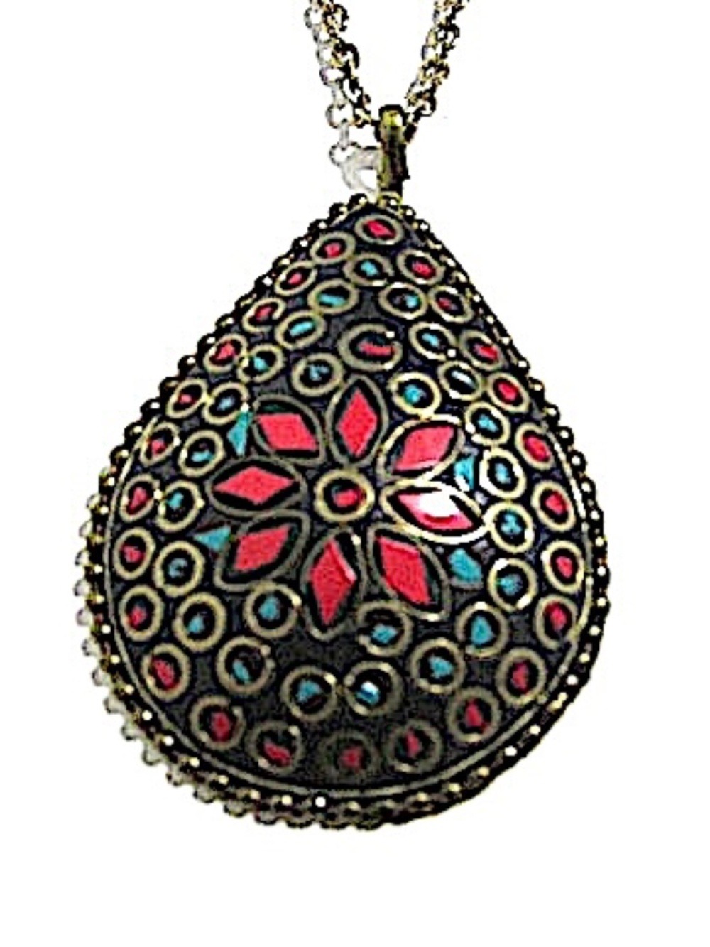 Large Brass Inlay Pendant on Gold Tone Chain - Picture 2 of 5
